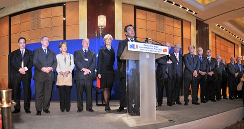 La délégation qui l'accompagne : C. Lagarde, D. Bussereau, Eric Woerth.